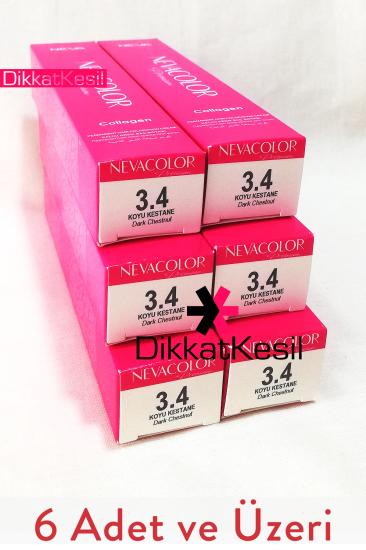 Nevacolor 3.4 Koyu Kestane Renk Premium Kalıcı Krem Saç Boyası Tüp, Saç Boyası Renkleri 6 Adet - DikkatKesil