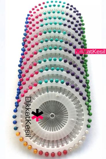 Renkli Plastik İnci Büyük Başlı Toptan Toplu İğne, 38 mm 40 lı Disk İğne Çeşitleri 12 Adet - DikkatKesil