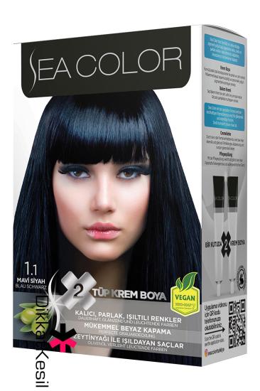 Sea Color 1.1 Mavi Siyah Renk Krem Saç Boyası Set, Saç Boya Renkleri - DikkatKesil